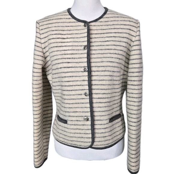 Vintage Preppy Academia SKYR Pure Wool Structured Striped Cardigan Sweater Sz 10 - Picture 1 of 12